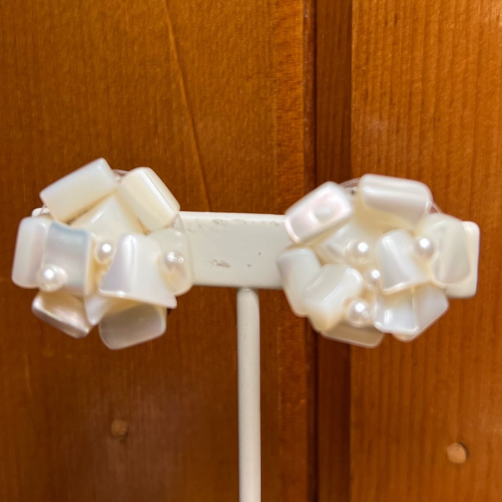 White Mother of pearl shell and seed pearl cluster clip on earrings